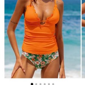 Beachsissi Tie Shoulder Scalloped Tummy Control Printed Tankini Set